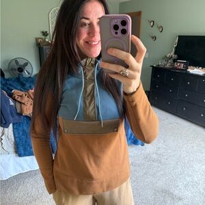 LL BEAN Signature Organic Sweatshirt Anorak Color Block blue  Brwn Womens XS